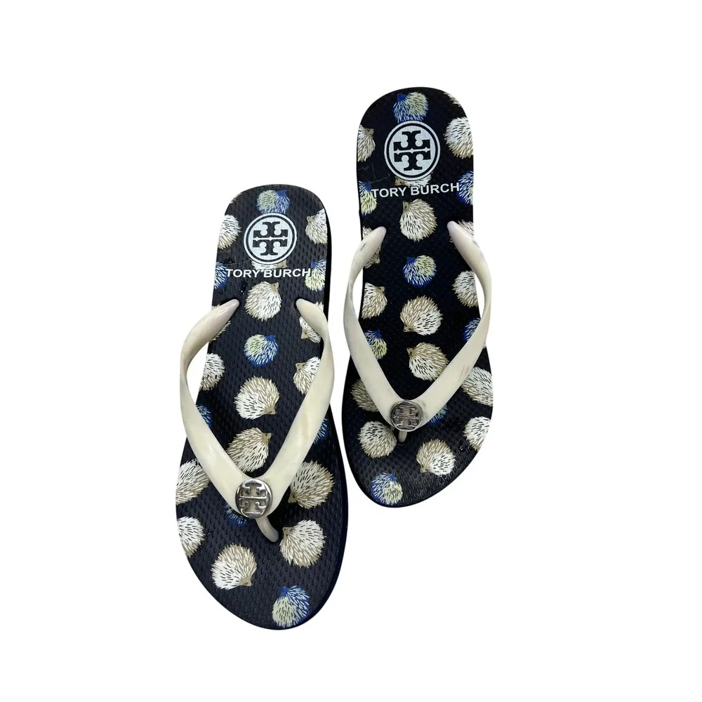 Tory Burch Flip Flop Sandals Womens 8 Black Hedgehog Print Good Casual Thong